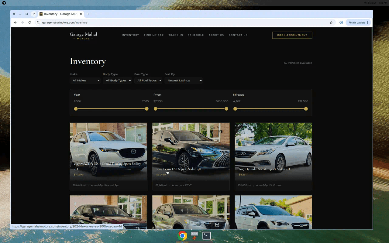 Garage Mahal inventory page showing vehicle filters and listings